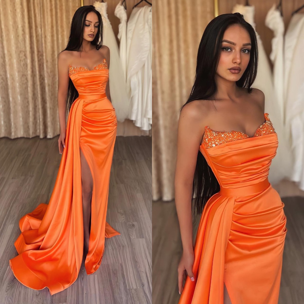 Elegant Orange Prom Dresses Sequins Sweetheart Sheath Evening Gowns Pleats Split Formal Long Special Ocn Party Dress 6660306