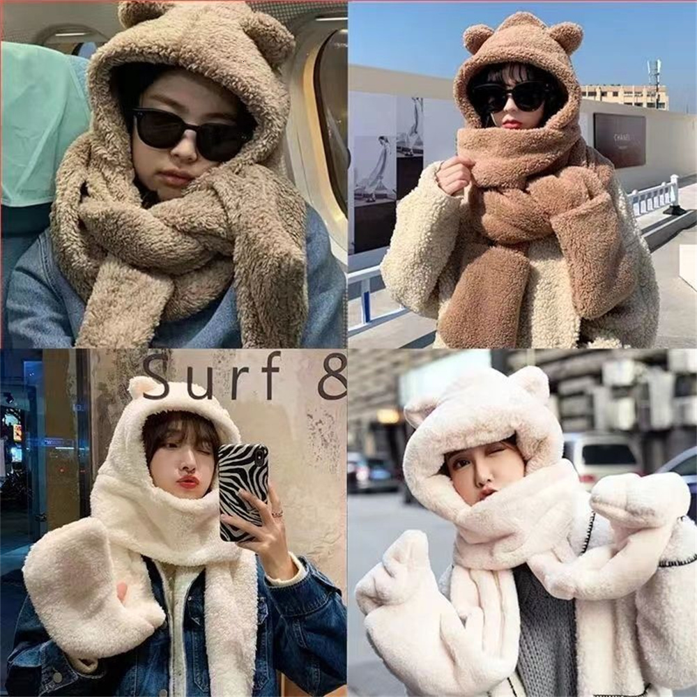 Fashion Face Masks Neck Gaiter Winter Women Hat Scarf Gloves Set Bear Ear Beanies Caps Warm Balaclava Casual Plush Hats Casual Solid Fleece Girls Kawa