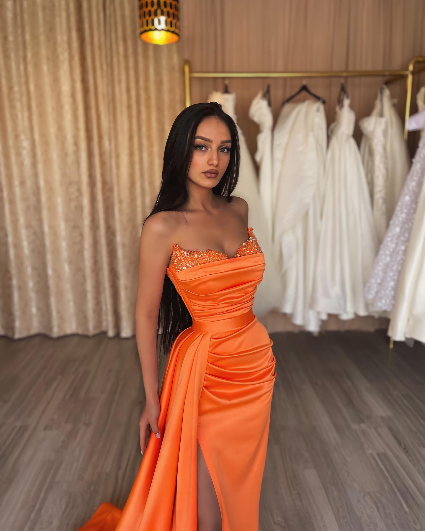 Elegant Orange Prom Dresses Sequins Sweetheart Sheath Evening Gowns Pleats Split Formal Long Special Ocn Party Dress 6660306
