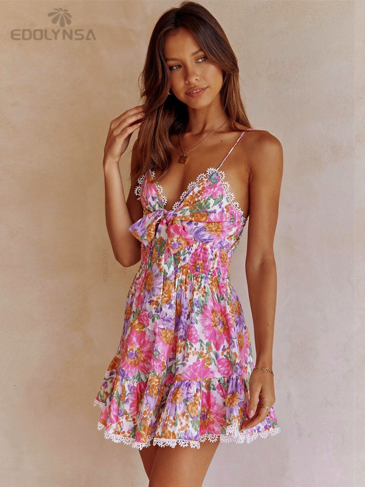 Basic Casual Dresses Spaghetti Strap Bow Slip Dress Summer Women Clothes Lace Up Frills Mini Dress High Waist Holiday Beach Dress Vestido A1131 230715
