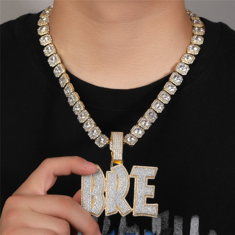 Hip Hop Jewelry DIY Stitching 26 English Alphabet Pendant Copper Inlaid Zircon Custom Letter Name Mens Necklace with Rope Chain