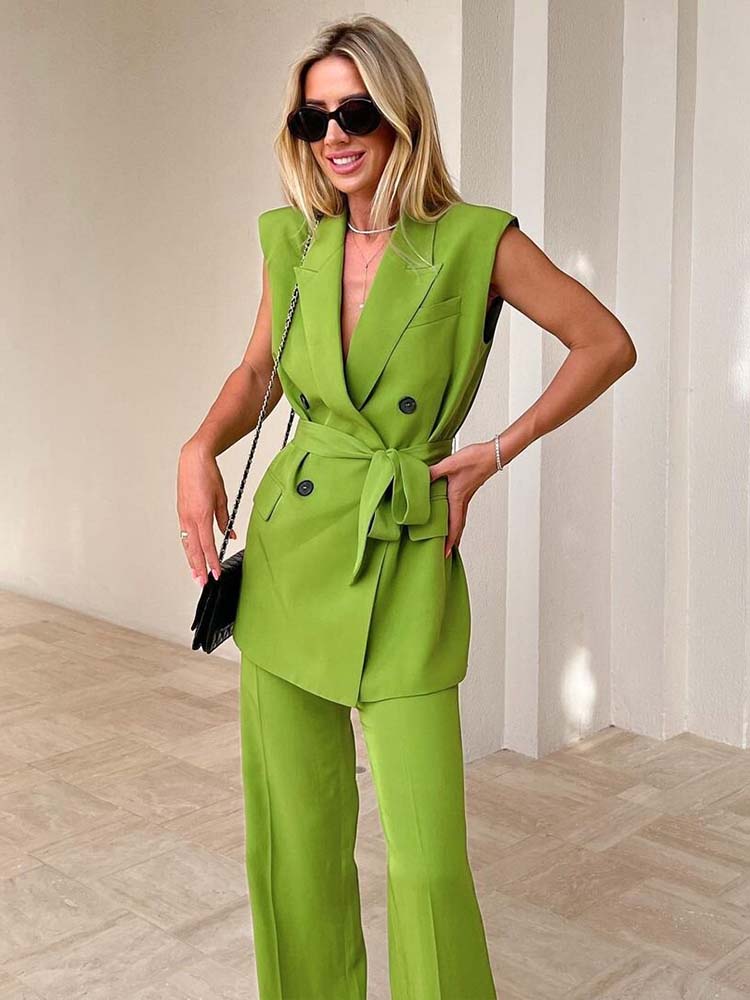 Set Woman 2 Pieces Summer Traf New Fashion With Belt Vest Coat High Waist Pants Female Two Piece Sets Womens Outifits