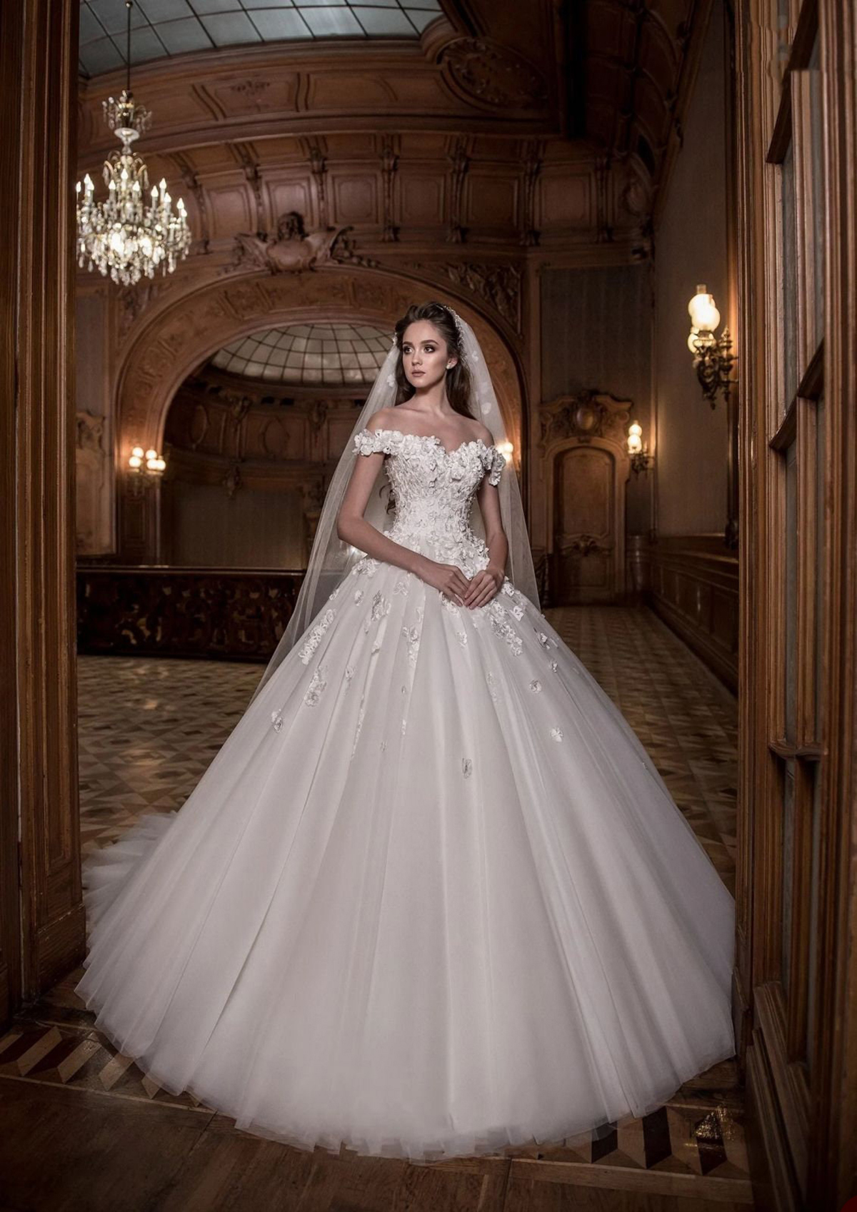 A Line Wedding Off The Shoulder 3D Floral Appliques Bridal Gowns Floor Length Custom Made Lace-Up Back Bride Dress 0505