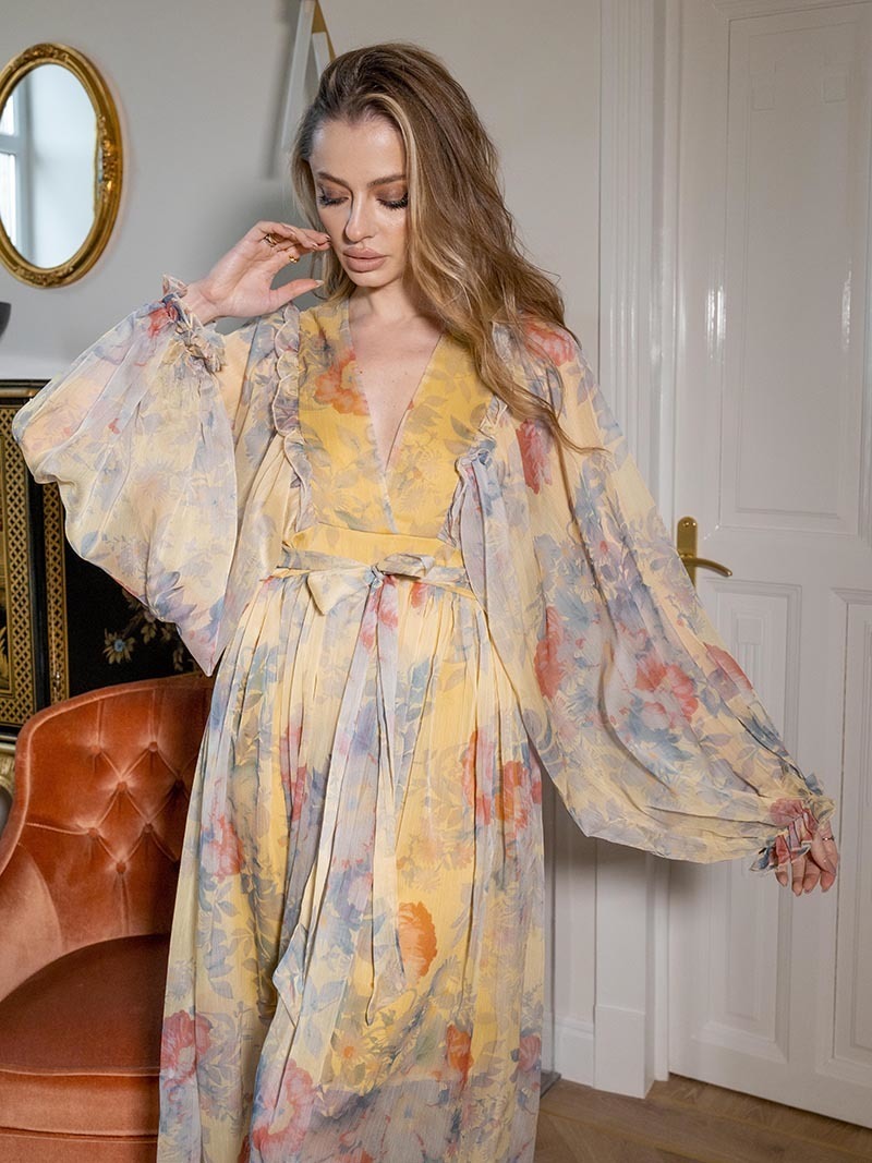 Basic Casual Dresses Bandage Chiffon Women Long Dresses Floral Long Sleeve Pleated Boho Beach Dress Sexy Wrap Maxi Dresses For Women Summer 230715
