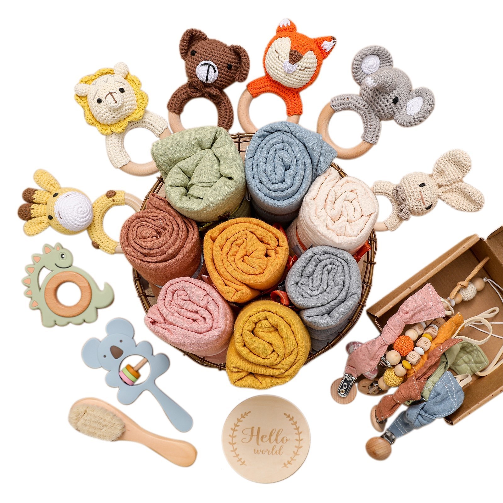Gift Sets born Baby Towel Bath Sets Gift Boxs Muslin Squares Cotton Blanket Bath Brushes Shower Animal Rattle Pacifier Chain Baby Items 230717