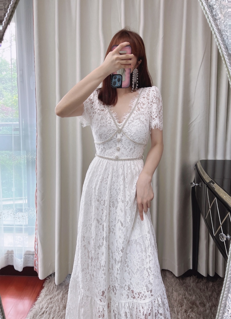 New S-elf-Portrait white mint lace ribbon midi Dress