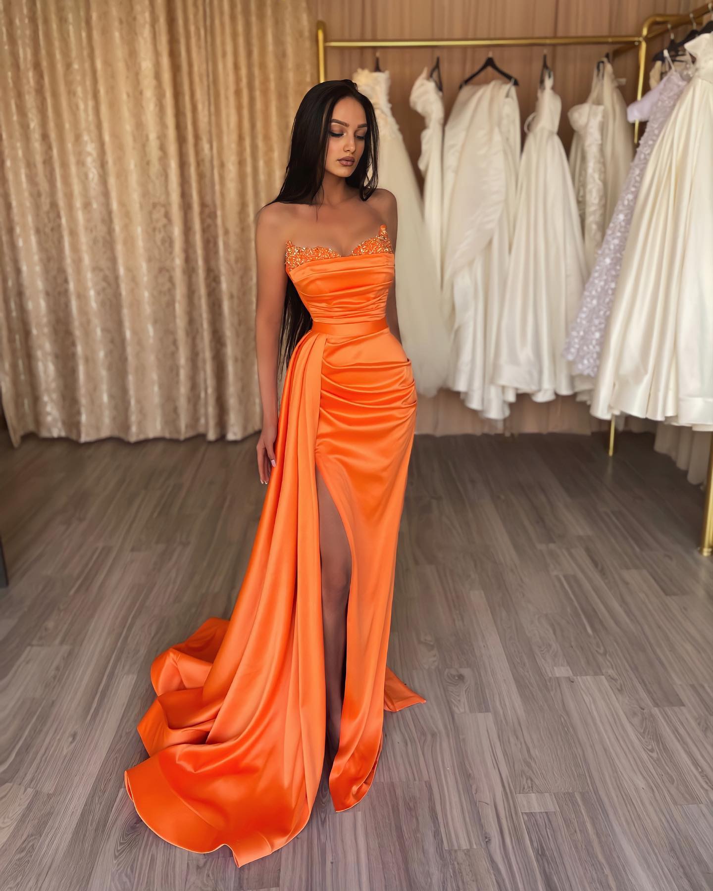 Elegant Orange Prom Dresses Sequins Sweetheart Sheath Evening Gowns Pleats Split Formal Long Special Ocn Party Dress 6660306