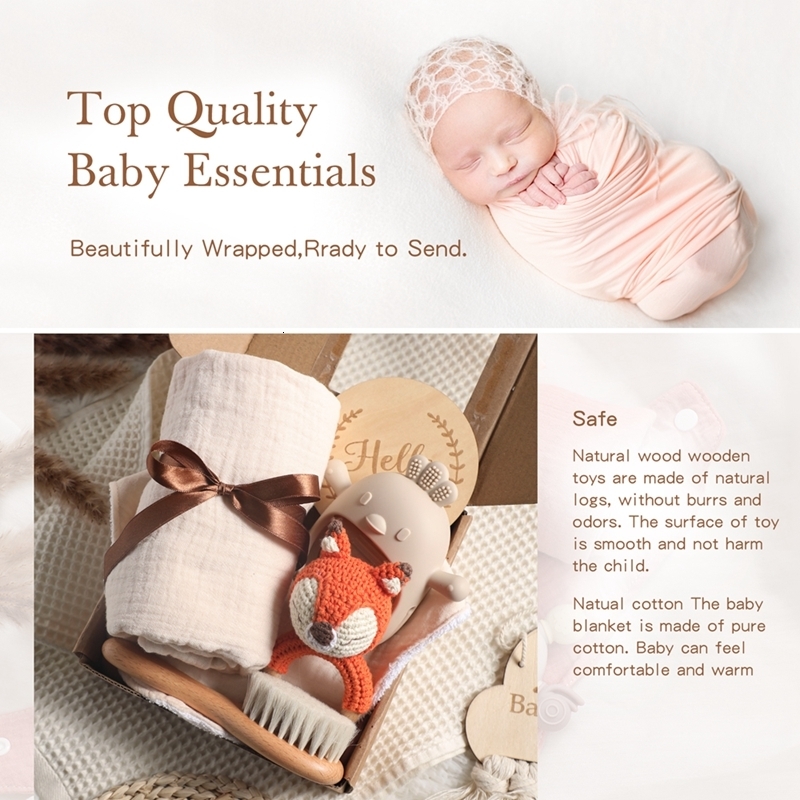 Gift Sets Hello Baby Gift For borns Wooden Milestone Card Baby Accessories For Babies Comb Handbell BPA FeerTeether Bath Set Birth Gift 230717