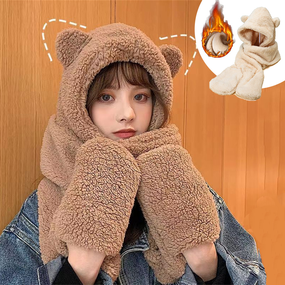 Fashion Face Masks Neck Gaiter Winter Women Hat Scarf Gloves Set Bear Ear Beanies Caps Warm Balaclava Casual Plush Hats Casual Solid Fleece Girls Kawa