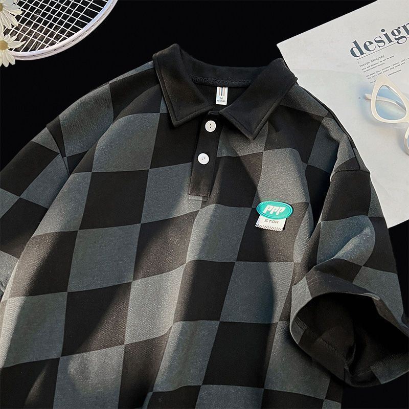 Mens TShirts American retro trend polo shirt checkerboard love printed graphic Tshirt summer men and women loose casual short sleeved 230717