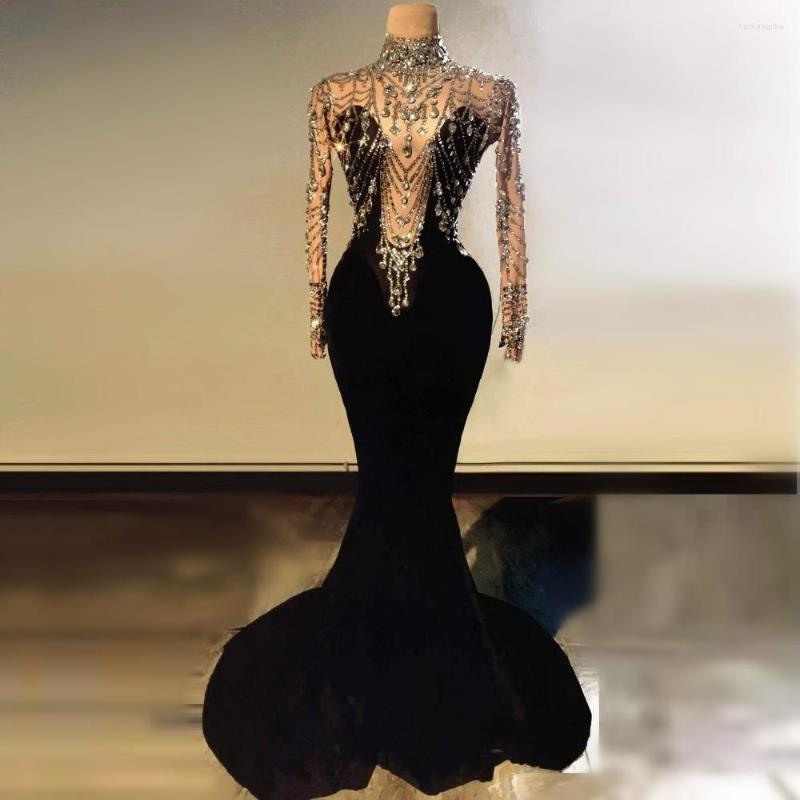 Casual Dresses Elegant Black Velvet Mermaid Dress Shining Crystal Sexy Evening Long Prom Club Party Stage Costumes