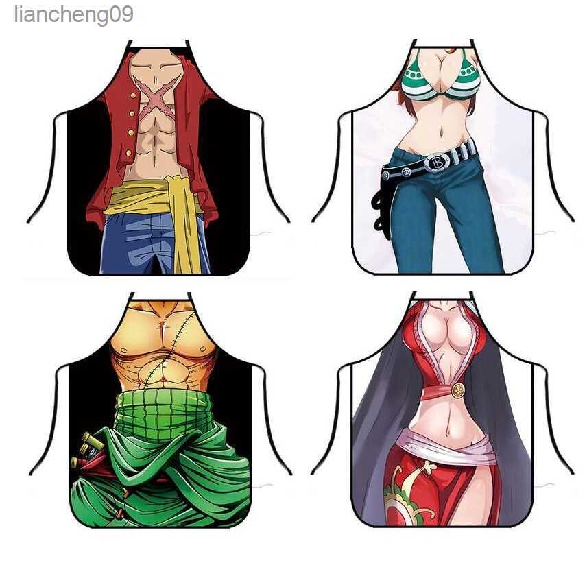 New Funny Apron Cartoon One Piece Aprons Anime Kitchen Apron Dinner Party Cooking Apron Adult Baking Accessories Barber Apron L230620