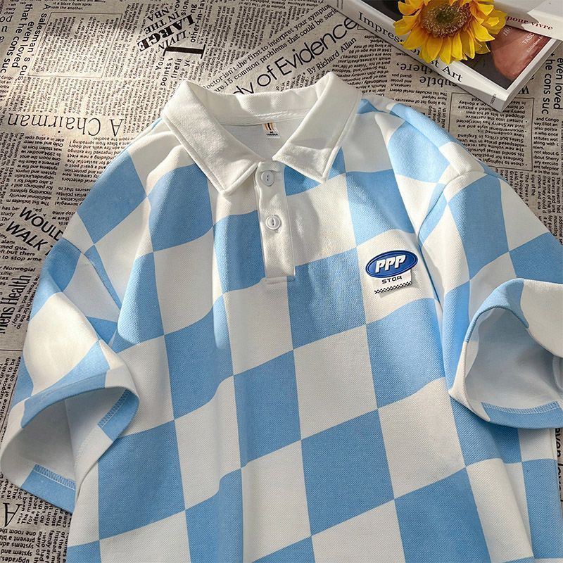 Mens TShirts American retro trend polo shirt checkerboard love printed graphic Tshirt summer men and women loose casual short sleeved 230717