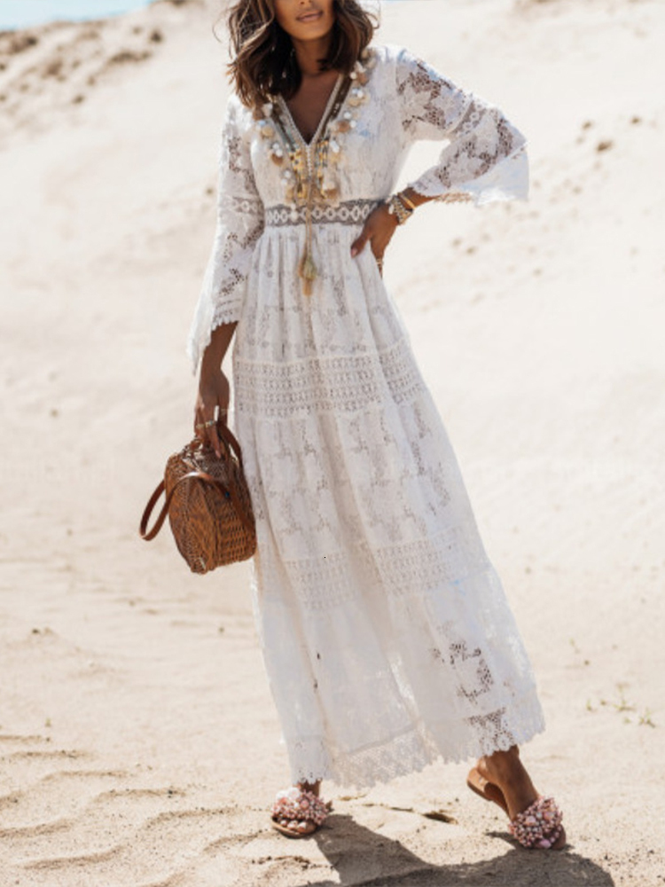 Basic Casual Dresses Long Dress Women Boho Lace Maxi Dress Summer Beach Holiday White Wedding Dresses Ladies Retro V Neck Sundress Ropa Mujer 230715