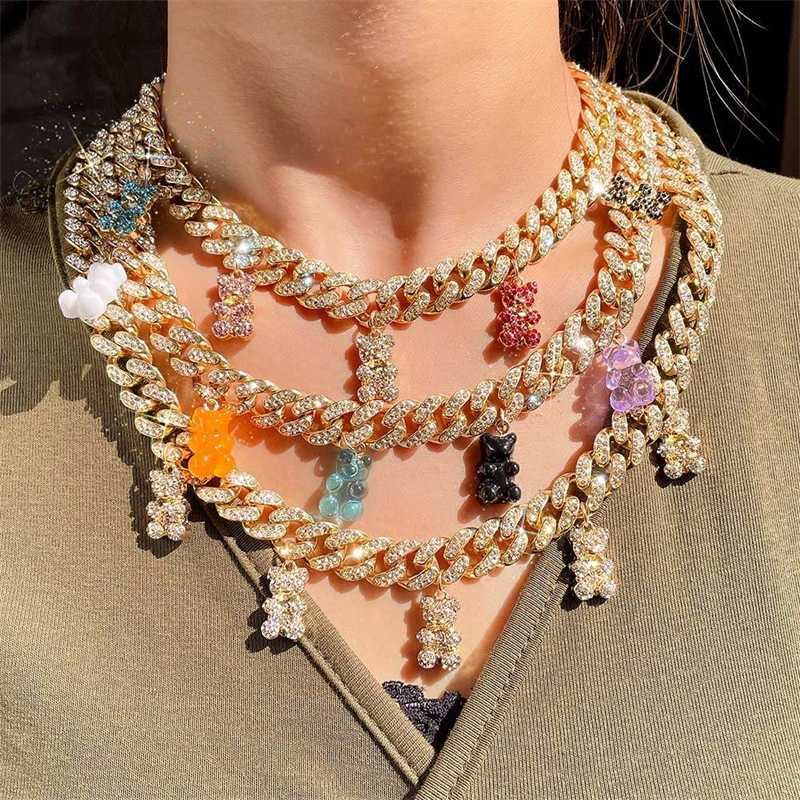 Strands Hip Hop Fashion Iced Out Gummy Bear Cuban Chain Necklace for Women Colorful Crystal Link Choker Jewelry Gift 230613