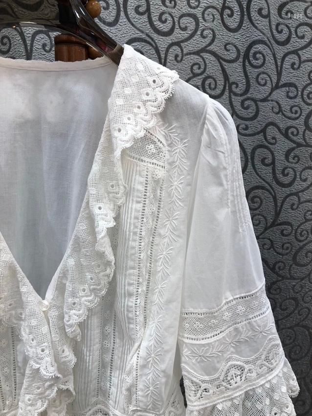 Womens Blouses Cotton Tops 2023 Summer Fashion White Ladies V-Neck Ruffle Lace Embroidery Half Sleeve Casual Vintage Shirts
