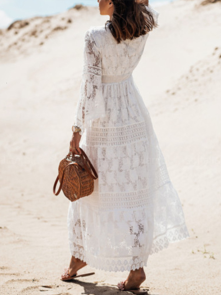 Basic Casual Dresses Long Dress Women Boho Lace Maxi Dress Summer Beach Holiday White Wedding Dresses Ladies Retro V Neck Sundress Ropa Mujer 230715