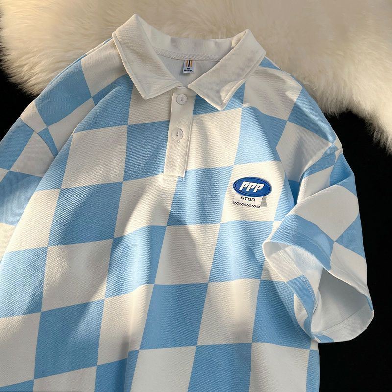 Mens TShirts American retro trend polo shirt checkerboard love printed graphic Tshirt summer men and women loose casual short sleeved 230717