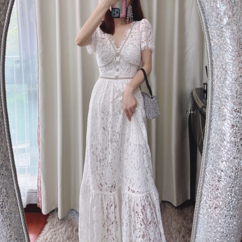 New S-elf-Portrait white mint lace ribbon midi Dress