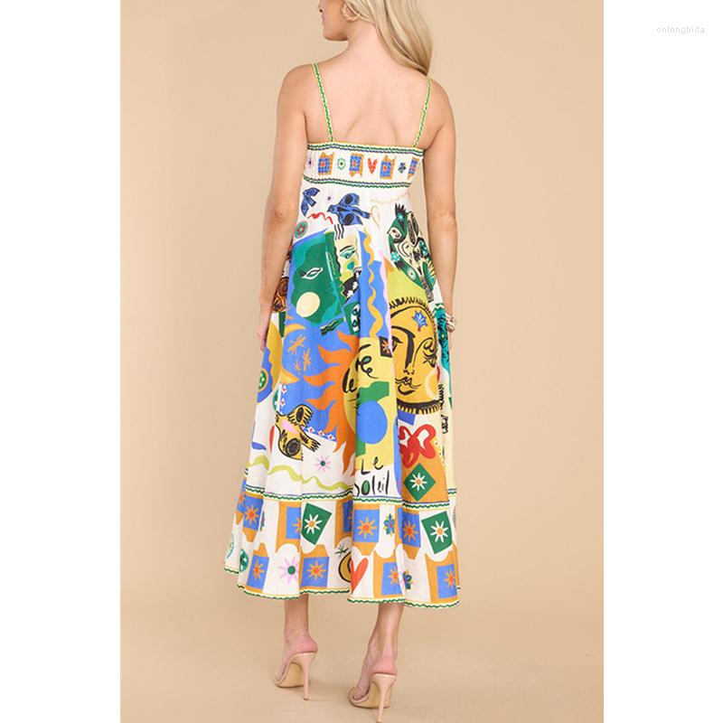 Casual Dresses Fashion Strap High Waist Corset Pleated Long Dress Streetwear Sexy Women Summer Print Vacation