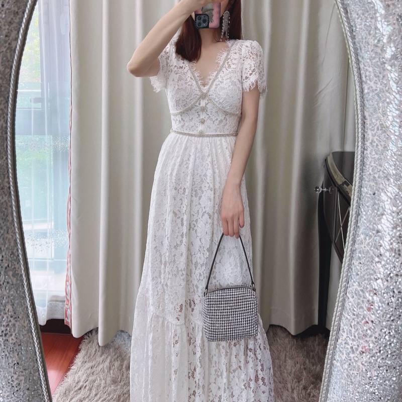 New S-elf-Portrait white mint lace ribbon midi Dress