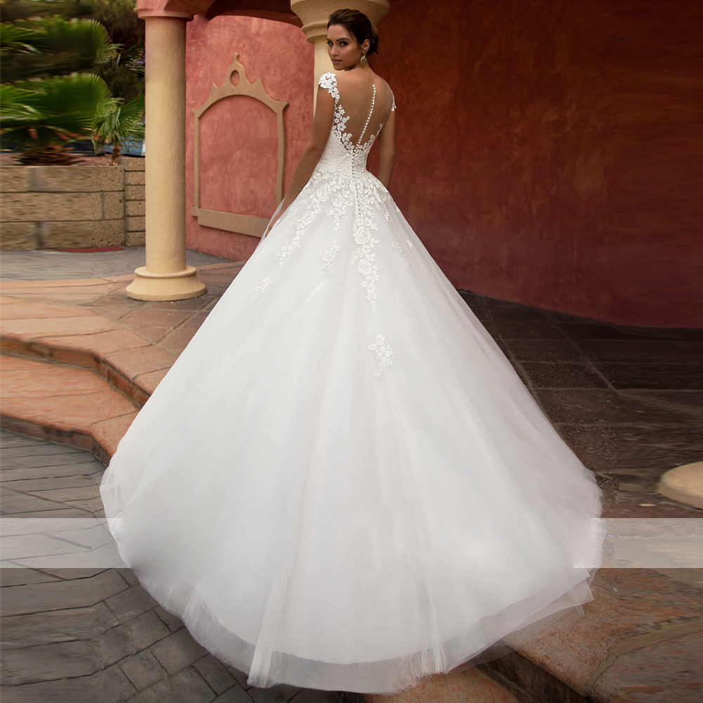 Illusion Ful Neck A E Wedding Dresses Cap Sleeve Lace Appliques Button Back Bridal Gowns With Court Train