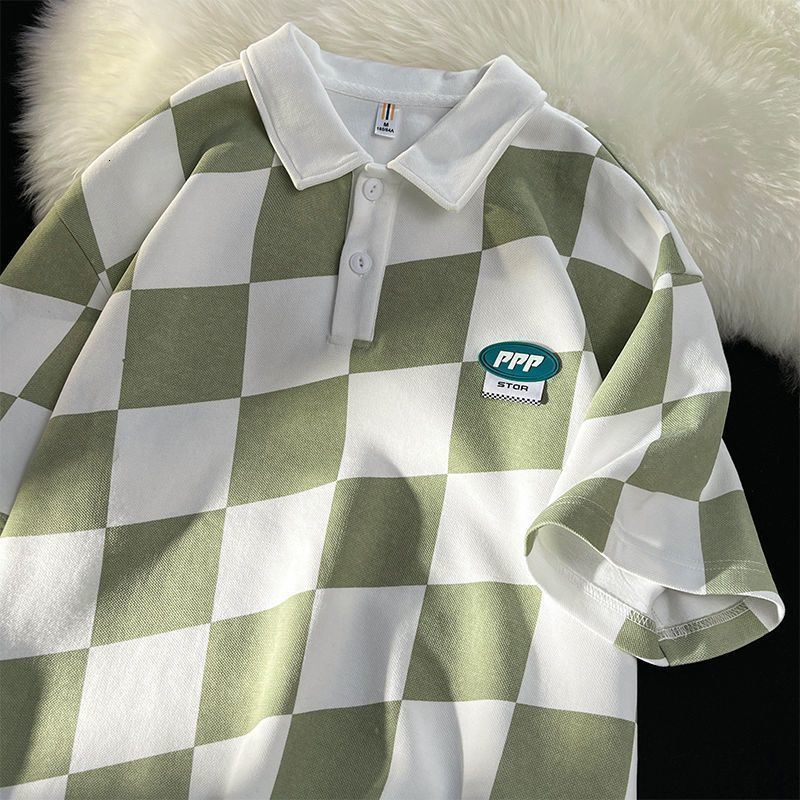 Mens TShirts American retro trend polo shirt checkerboard love printed graphic Tshirt summer men and women loose casual short sleeved 230717