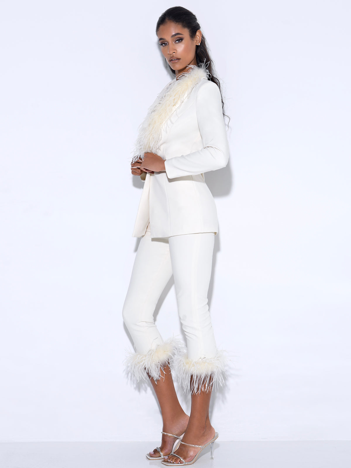 Red Carpet Women Pants Suits Ostrich Feather Street Power Evening Party Blazer Sets Wedding Wear Jacket 2 Pieces