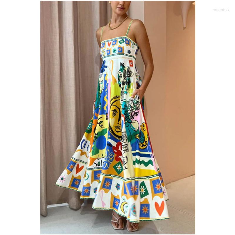 Casual Dresses Fashion Strap High Waist Corset Pleated Long Dress Streetwear Sexy Women Summer Print Vacation