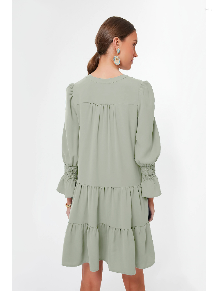 Casual Dresses Women Autumn Winter Solid Short Mini Dress Elegant Fashion Office Lady Pullover Long Lantern Sleeve V Neck 2023