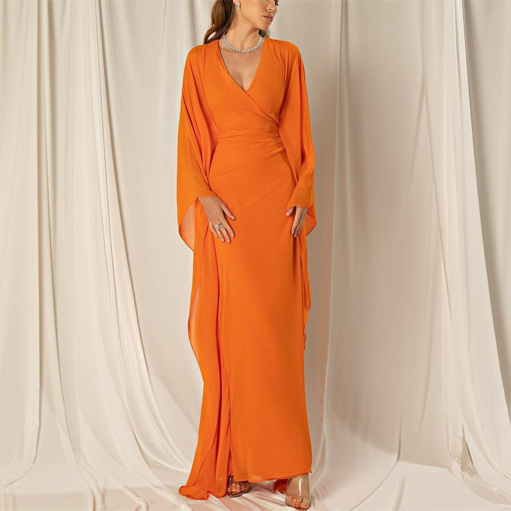 Vintage Long V-Neck Chiffon Evening Dresses With Sleeves Sheath Orange Floor Length Zipper Back Prom Dresses With Pleats for Women