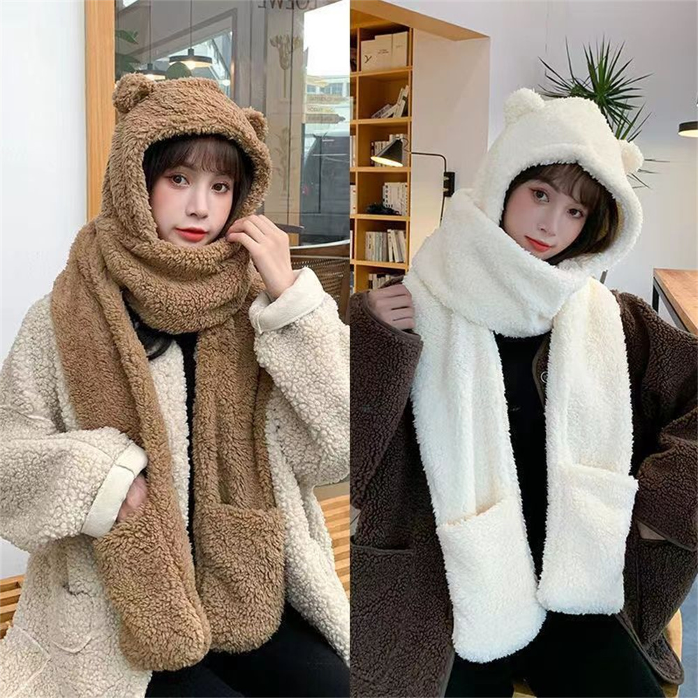 Fashion Face Masks Neck Gaiter Winter Women Hat Scarf Gloves Set Bear Ear Beanies Caps Warm Balaclava Casual Plush Hats Casual Solid Fleece Girls Kawa