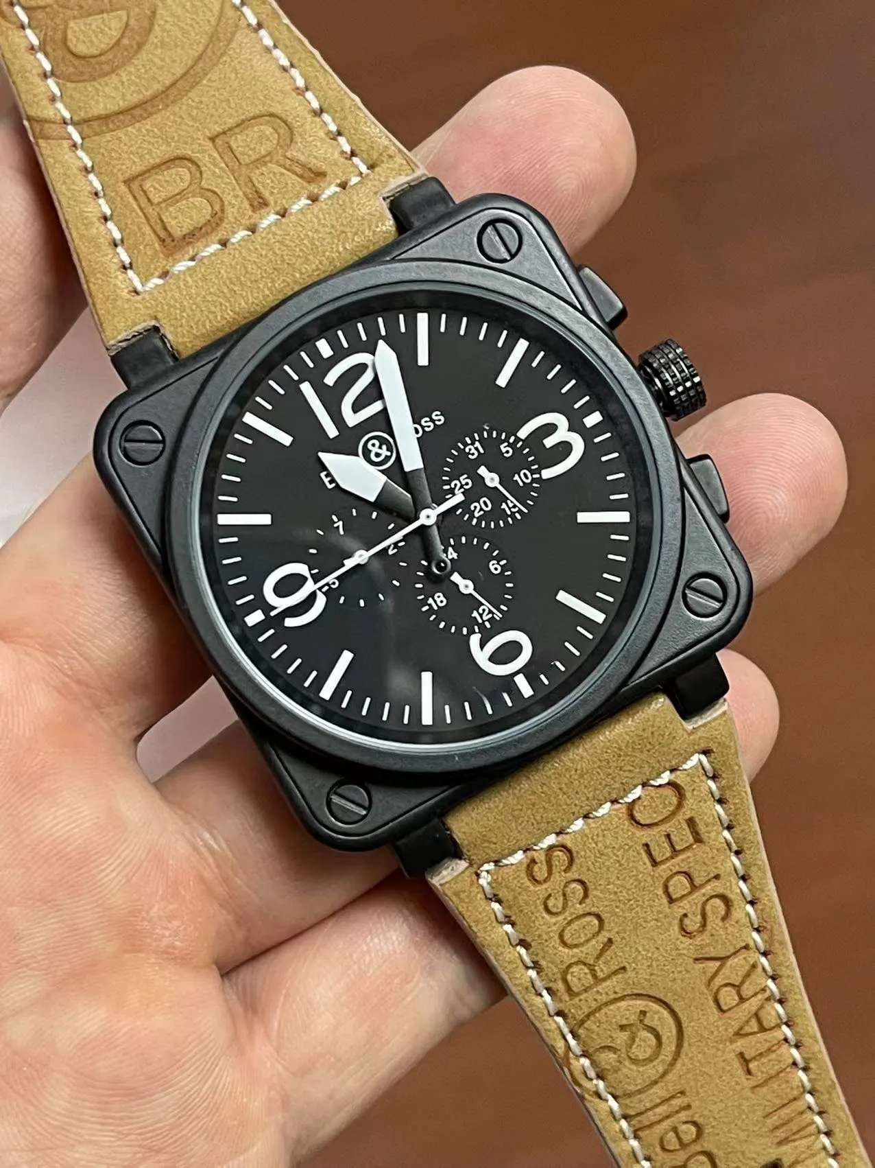 2023 mens watch automatic mechanical bell brown leather black rubber ross 6 hands