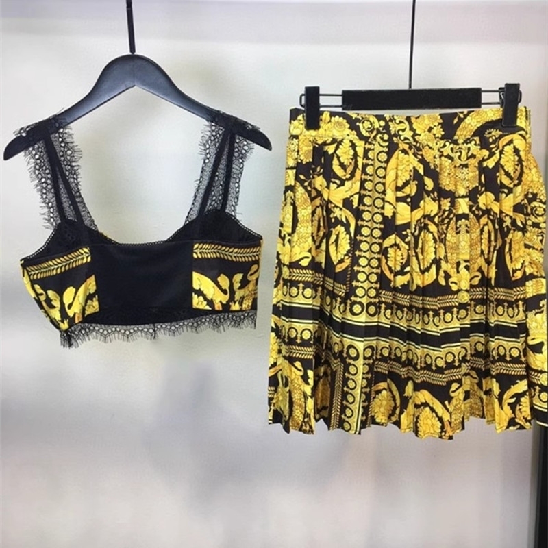 Two Piece Dres Summer piece Set Spaghetti Strap Camis Tank Top and Pleated Skirt Fashion Printed 230715