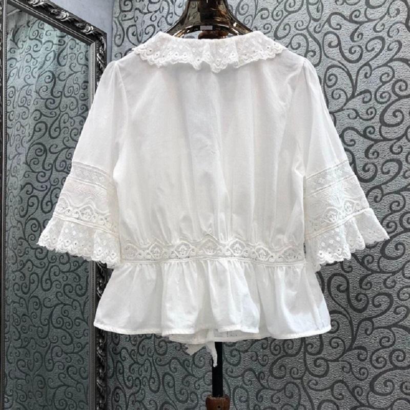Womens Blouses Cotton Tops 2023 Summer Fashion White Ladies V-Neck Ruffle Lace Embroidery Half Sleeve Casual Vintage Shirts