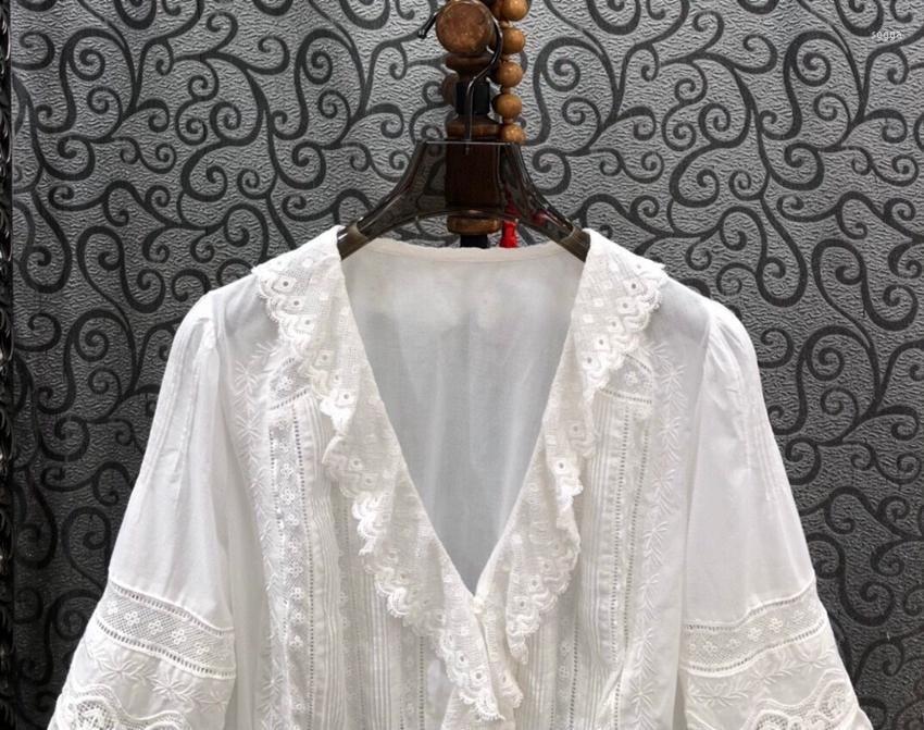 Womens Blouses Cotton Tops 2023 Summer Fashion White Ladies V-Neck Ruffle Lace Embroidery Half Sleeve Casual Vintage Shirts