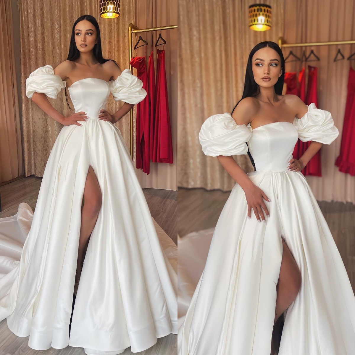 Vintage A e Dresses Strapless Satin Wedding Dress Puffy Sleeves Slit Long designer bridal gowns sweep train