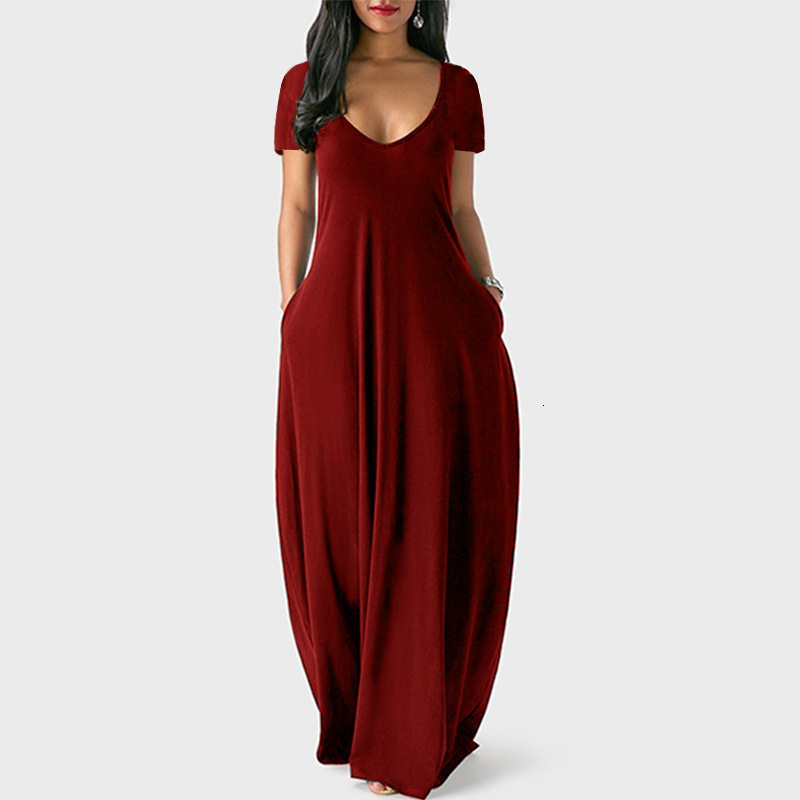 Basic Casual Dresses S-5XL Women Casual Dresses Ladies Fashion Loose Sexy V-Neck Fall Clothes Casual Maxi Solid Color Plus Size Long Dress 230715