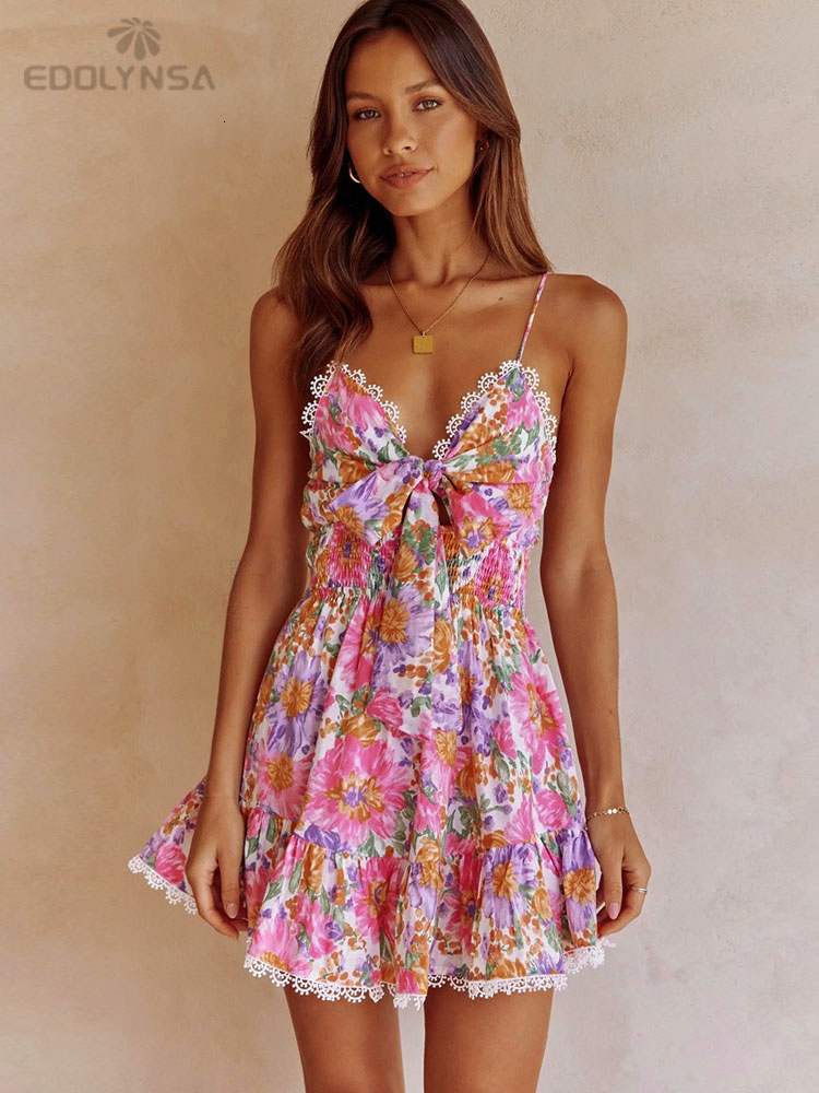 Basic Casual Dresses Spaghetti Strap Bow Slip Dress Summer Women Clothes Lace Up Frills Mini Dress High Waist Holiday Beach Dress Vestido A1131 230715