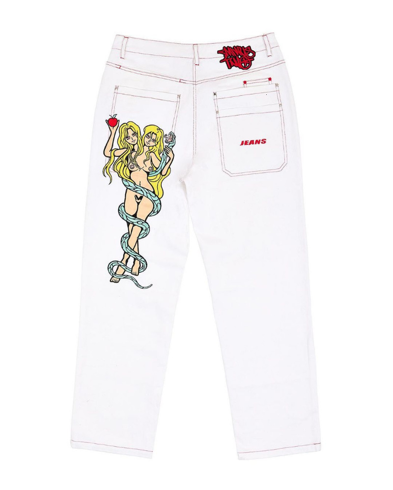 Men's Jeans Hip Hop Streetwear Men's Jeans Fashion Devil Print Low Waist Straight Wide Leg Pants Retro Casual Loose Denim Trousers 230715