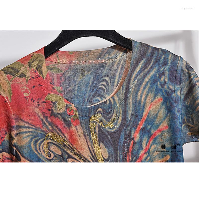 Women's Tracksuits Summer Vintage Print T-shirt Holes Denim Pants Two Piece Set Women Loose Short Sleeve T Shirt Jeans 2pc Female Casual