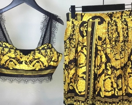 Two Piece Dres Summer piece Set Spaghetti Strap Camis Tank Top and Pleated Skirt Fashion Printed 230715