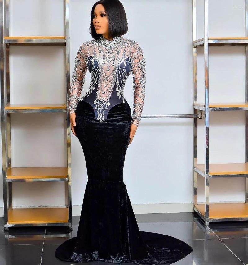Casual Dresses Elegant Black Velvet Mermaid Dress Shining Crystal Sexy Evening Long Prom Club Party Stage Costumes