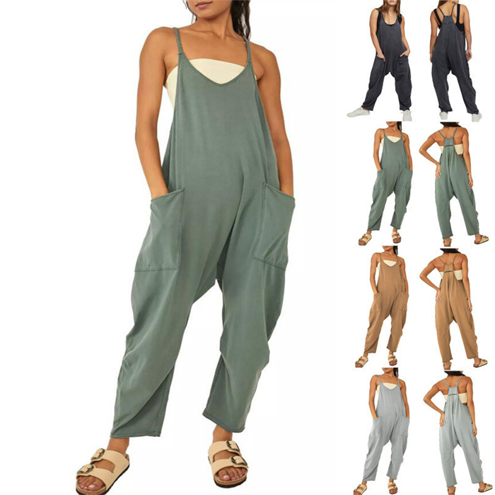 Women Bodysuits For Yoga Casual Jumpsuits One-piece Loose Sleeveless Playsuits Fitness Daily Wear Summer With Pockets
