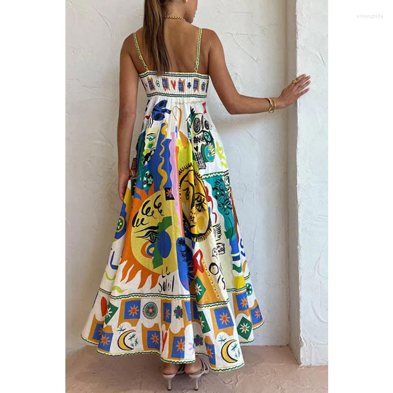 Casual Dresses Fashion Strap High Waist Corset Pleated Long Dress Streetwear Sexy Women Summer Print Vacation