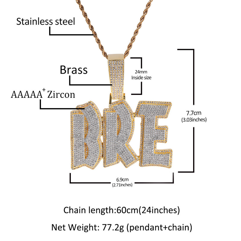 Hip Hop Jewelry DIY Stitching 26 English Alphabet Pendant Copper Inlaid Zircon Custom Letter Name Mens Necklace with Rope Chain