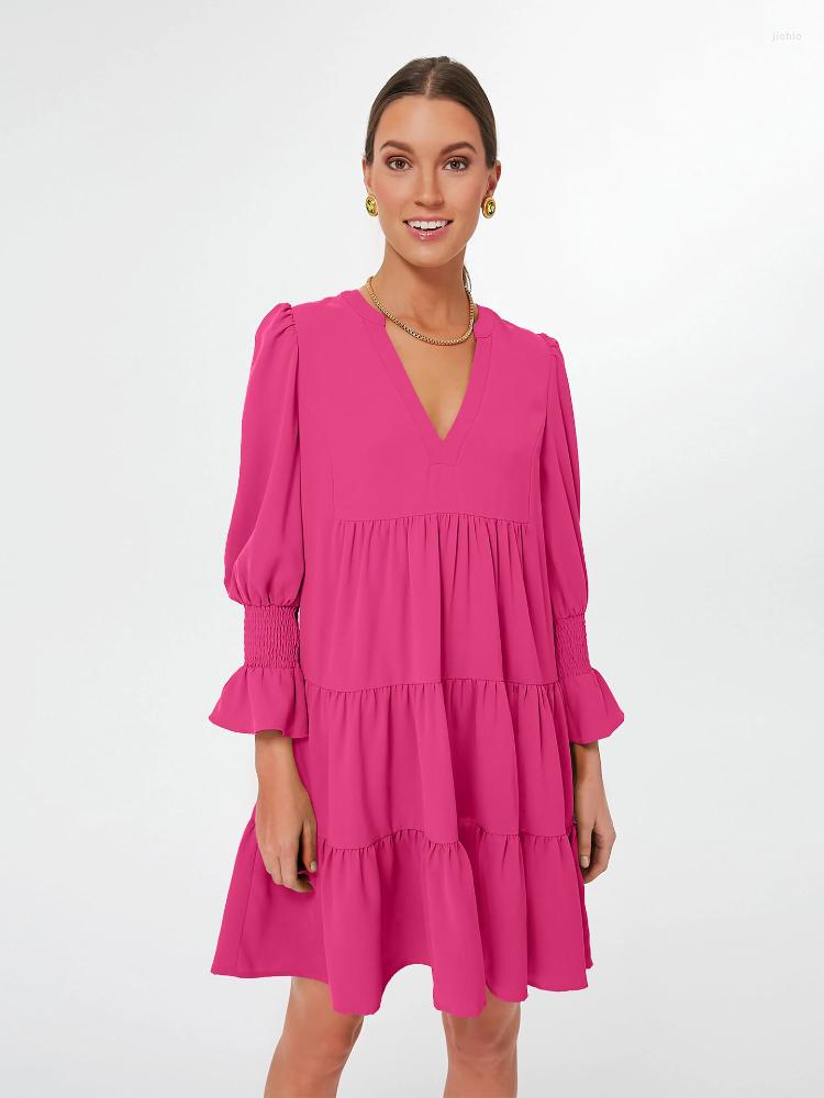 Casual Dresses Women Autumn Winter Solid Short Mini Dress Elegant Fashion Office Lady Pullover Long Lantern Sleeve V Neck 2023