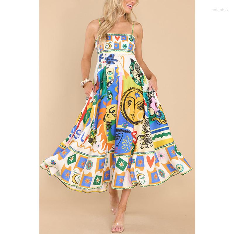 Casual Dresses Fashion Strap High Waist Corset Pleated Long Dress Streetwear Sexy Women Summer Print Vacation