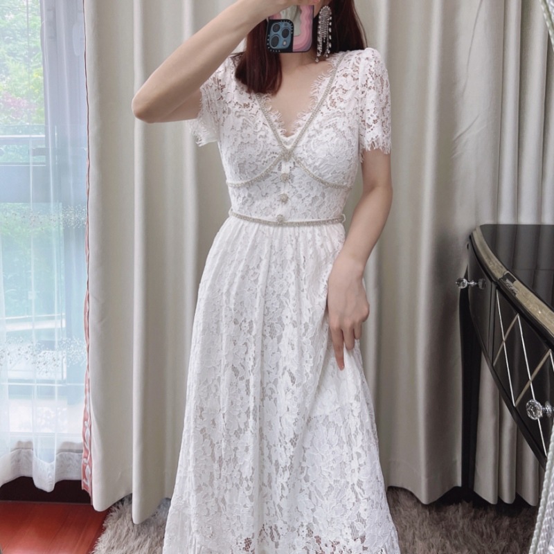 New S-elf-Portrait white mint lace ribbon midi Dress