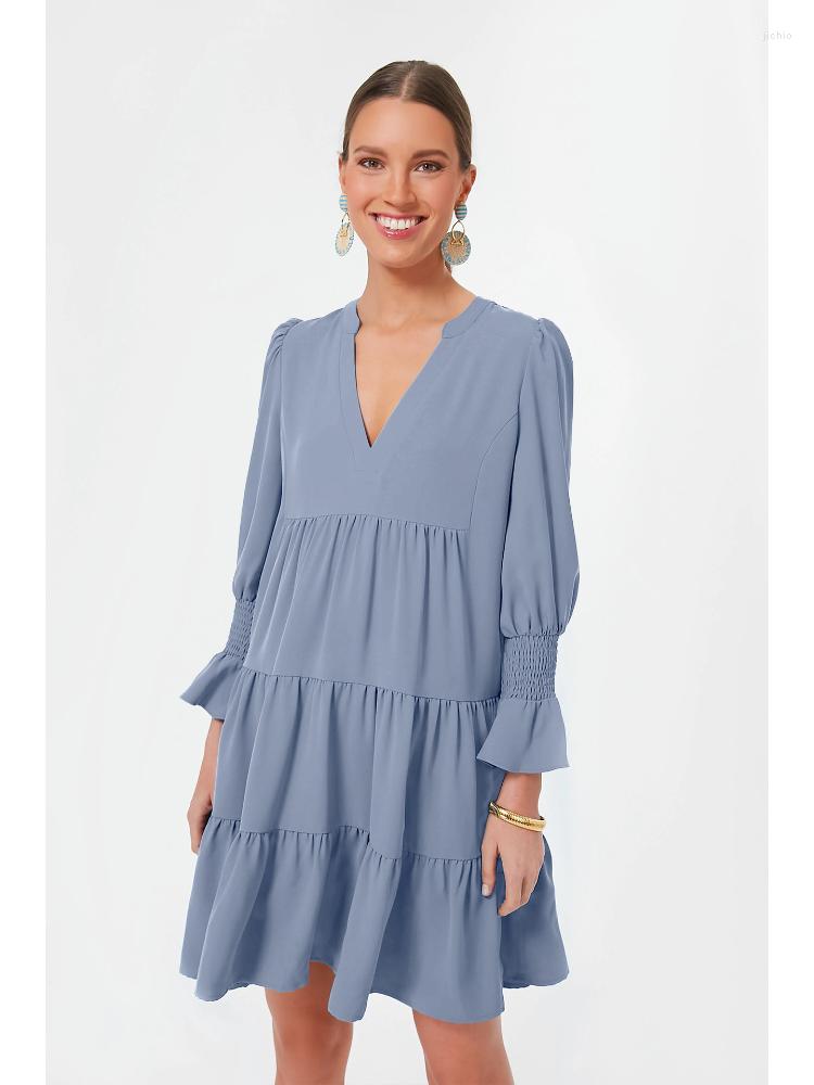 Casual Dresses Women Autumn Winter Solid Short Mini Dress Elegant Fashion Office Lady Pullover Long Lantern Sleeve V Neck 2023